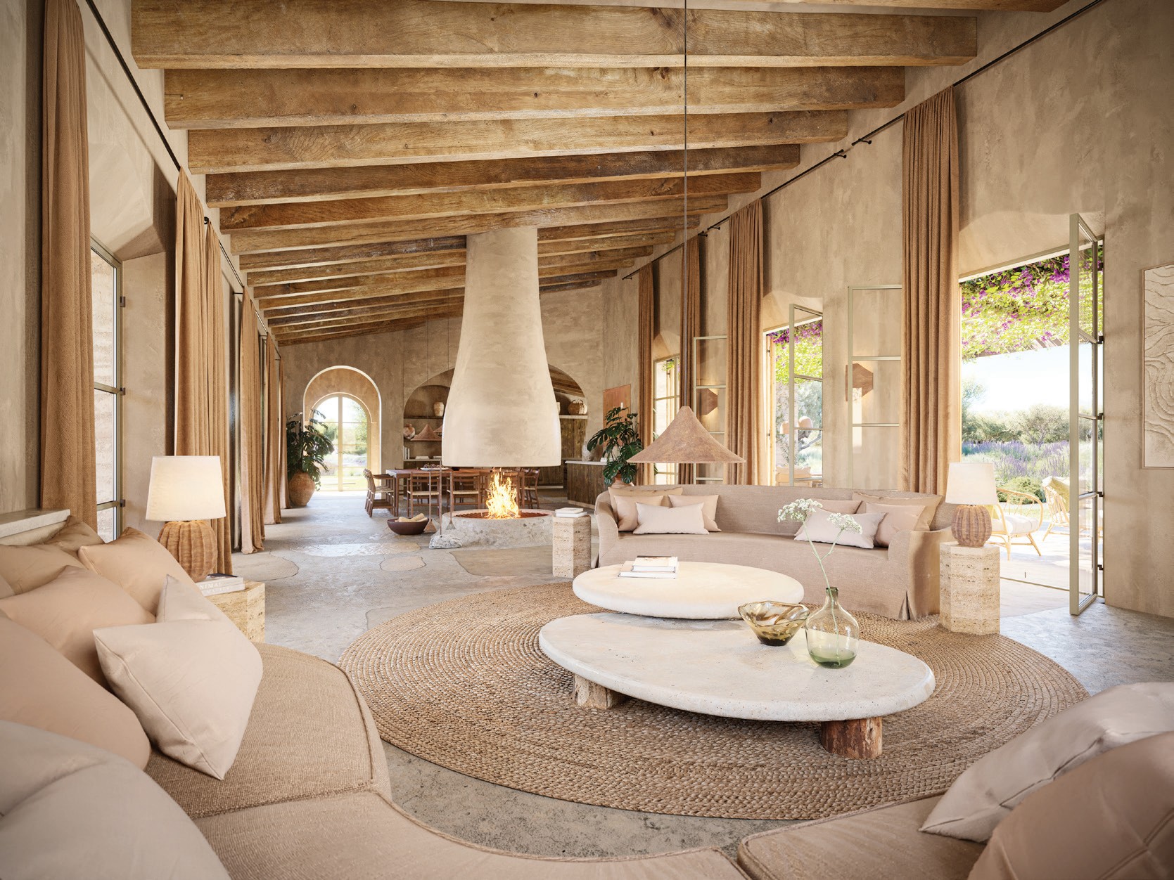 Cozy fireplace area surrounded by comfortable sofas